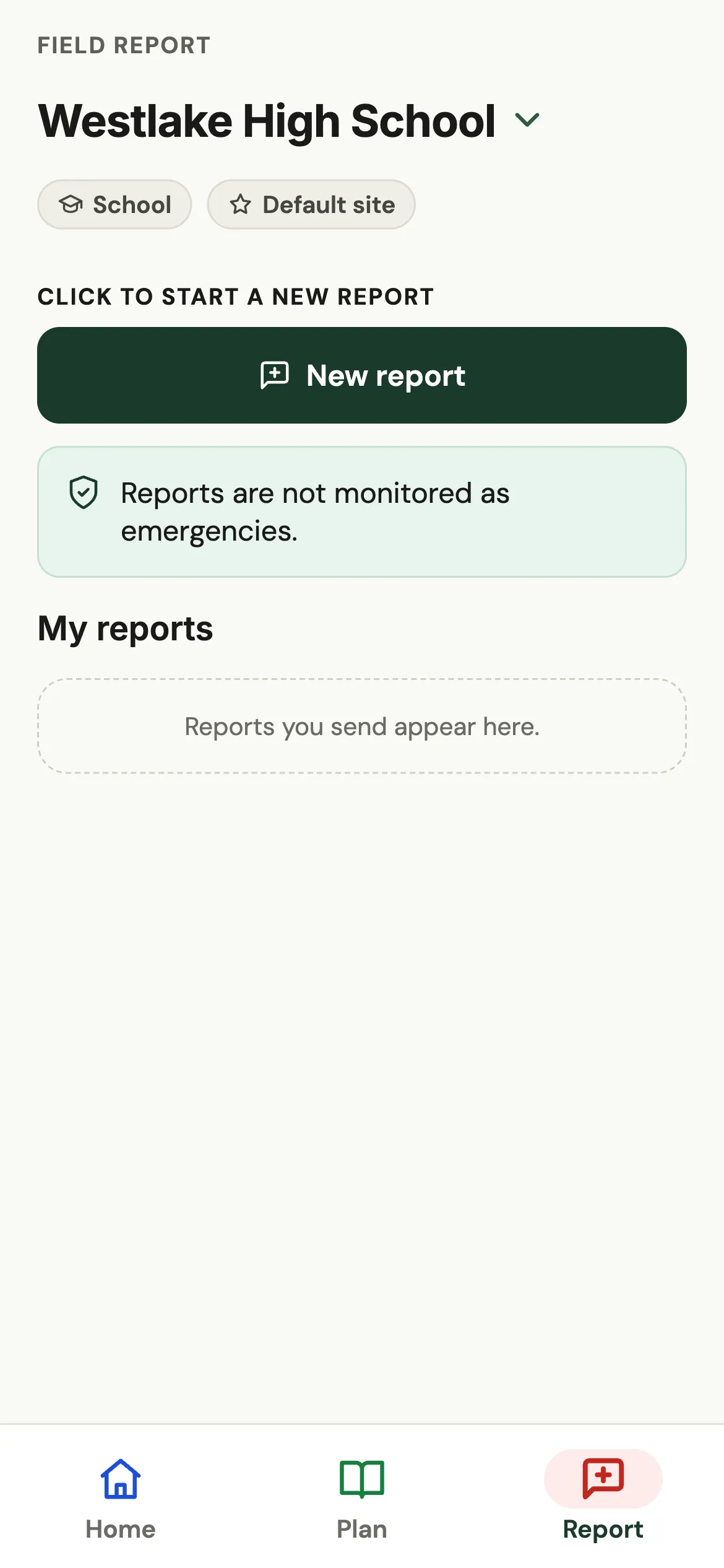 SOLA Safety app Report tab for Westlake High School, with a New report button and the reporter’s own reports.