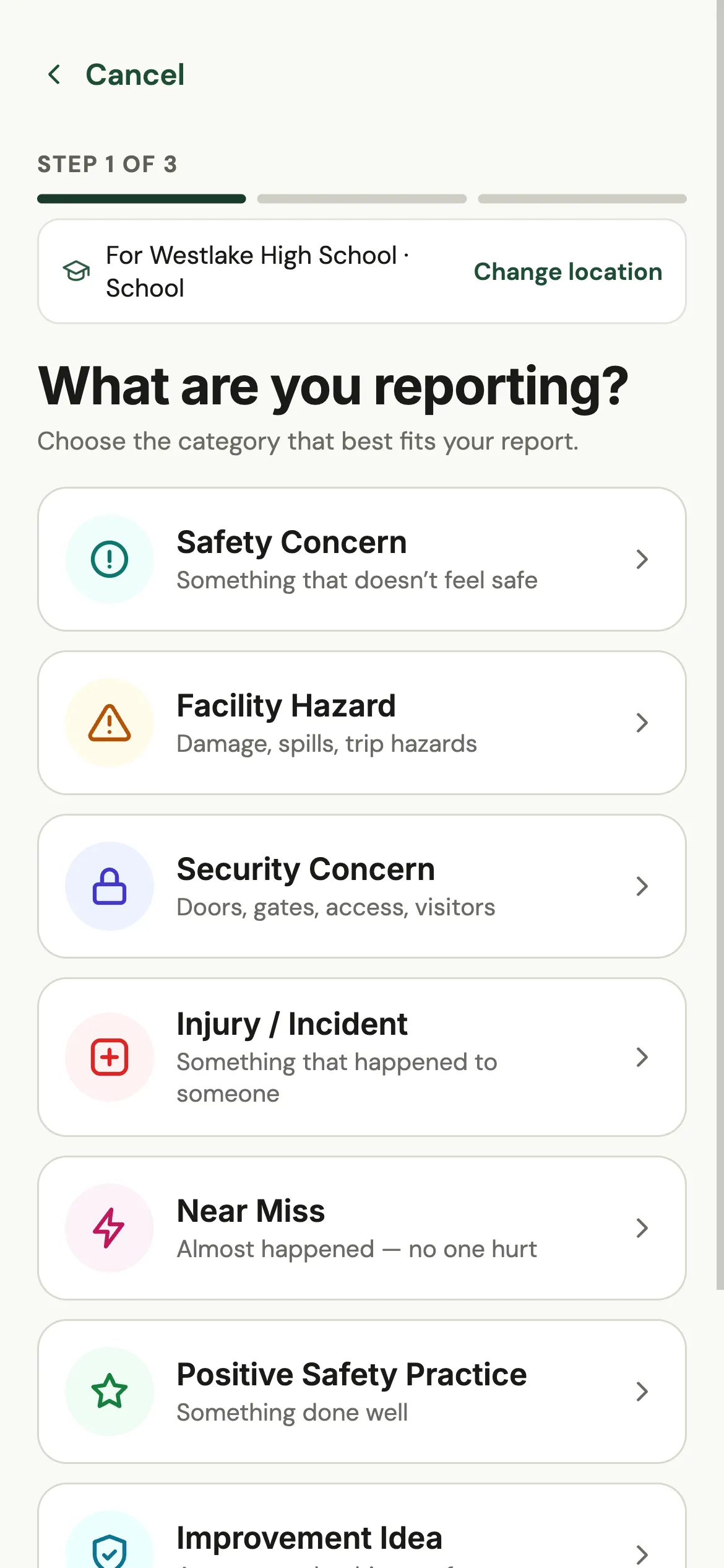 SOLA Safety app field report, step 1 of 3: choosing a category such as Safety Concern, Facility Hazard or Security Concern.