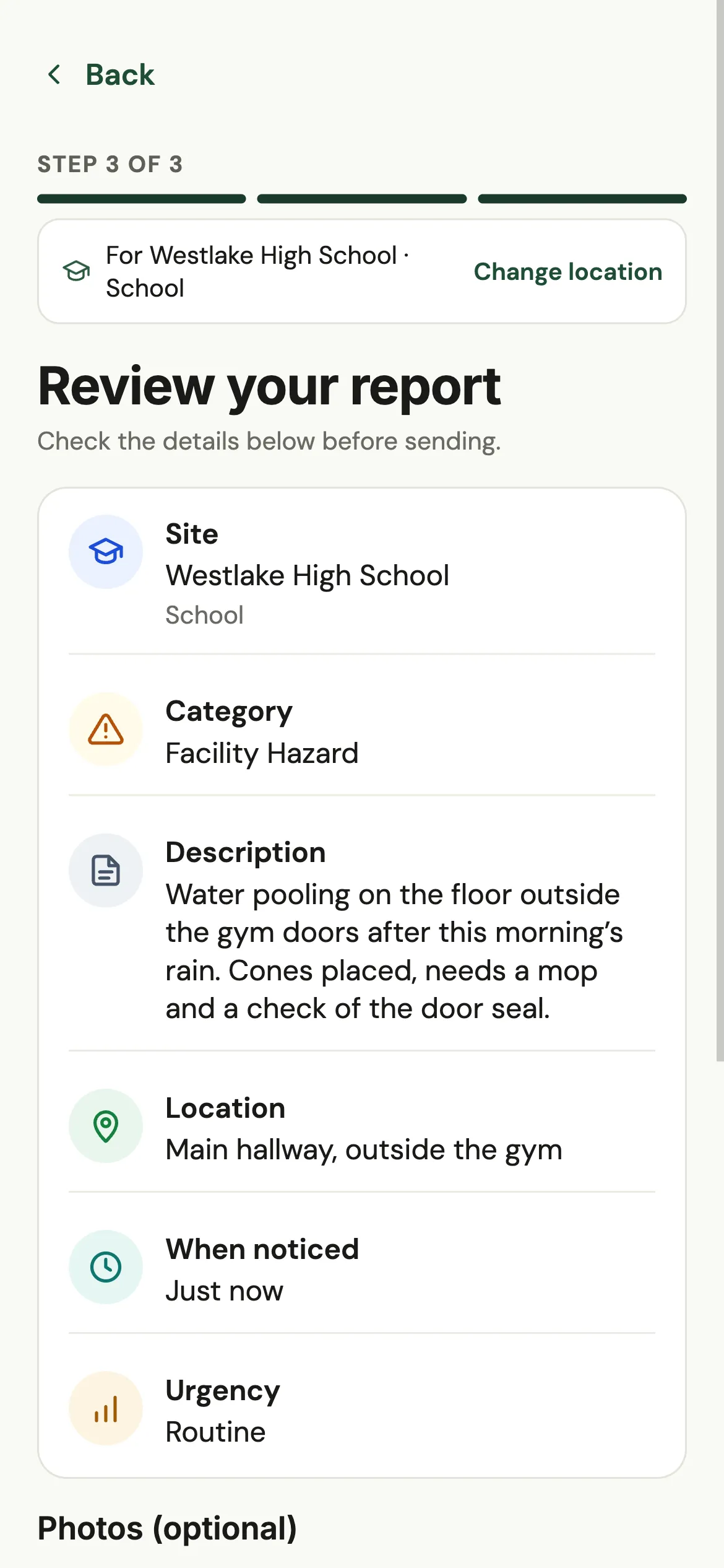 SOLA Safety app field report, step 3 of 3: reviewing a facility hazard report before sending.