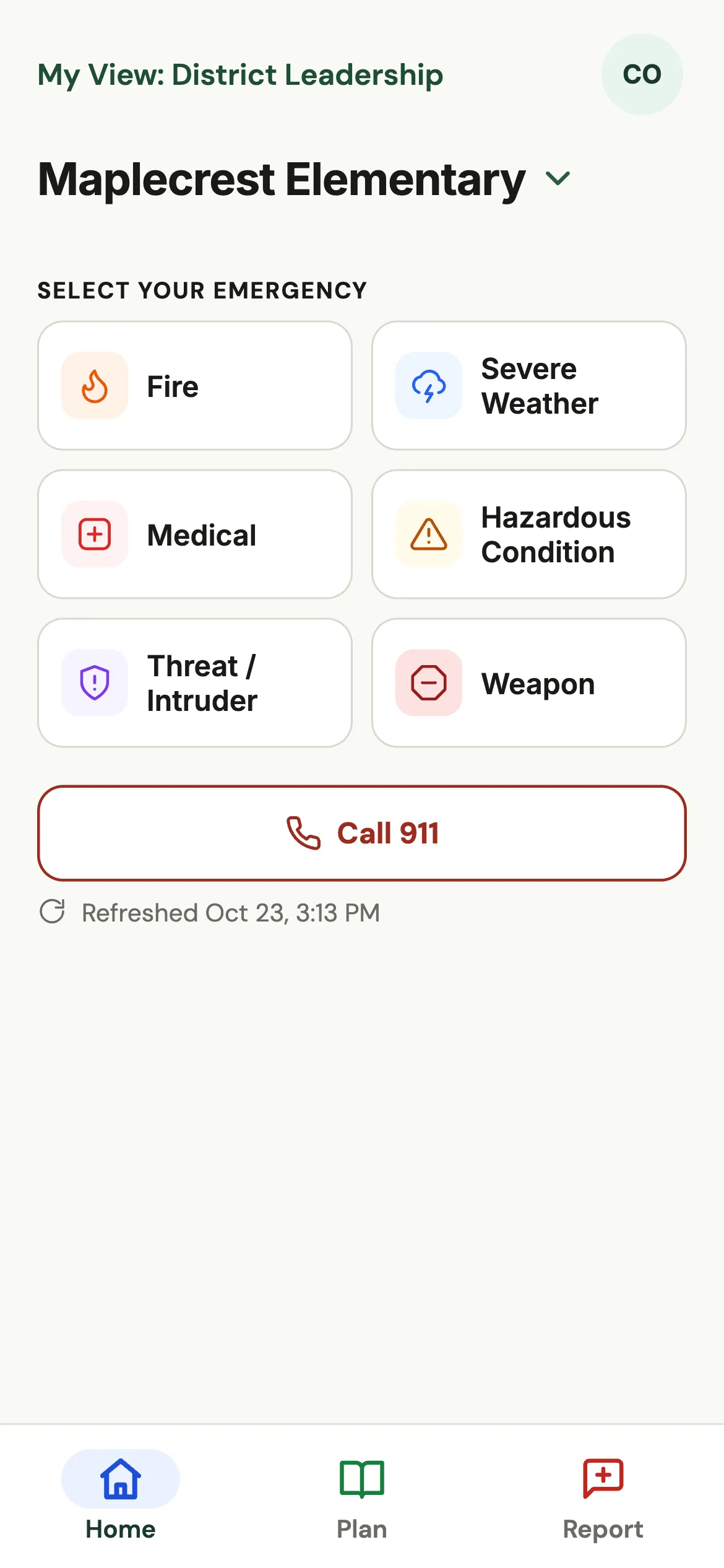 SOLA Safety app home screen for Maplecrest Elementary, showing the six emergency categories and Call 911.