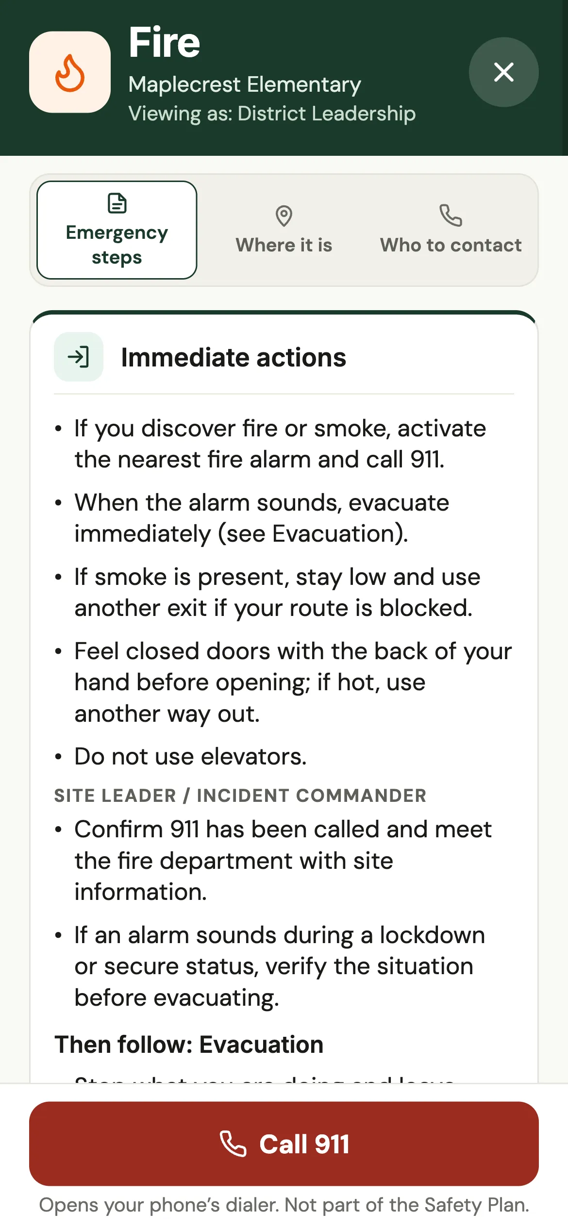 SOLA Safety app Fire response: immediate actions from the approved plan, with Call 911.