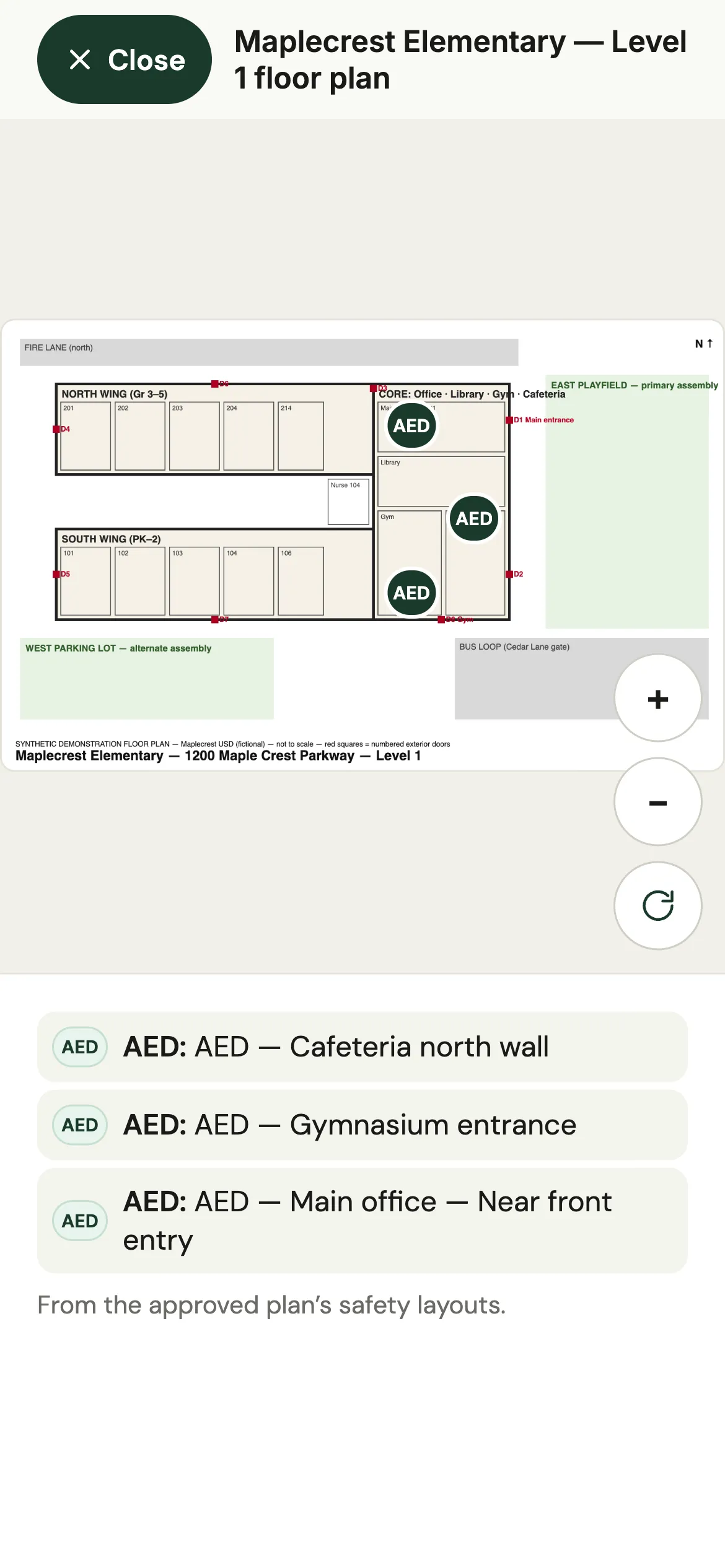 SOLA Safety app showing the Maplecrest Elementary Level 1 floor plan full screen, filtered to AEDs: three AED markers in the cafeteria, gymnasium and main office, with zoom controls and the AED locations listed below. The floor plan is a synthetic demonstration plan.